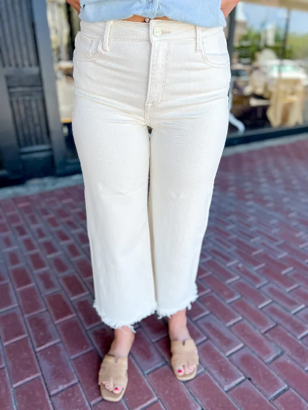 [Risen] High Rise Tummy Control Wide Leg  Pant-Cream Comfortable Wide-Leg Pants