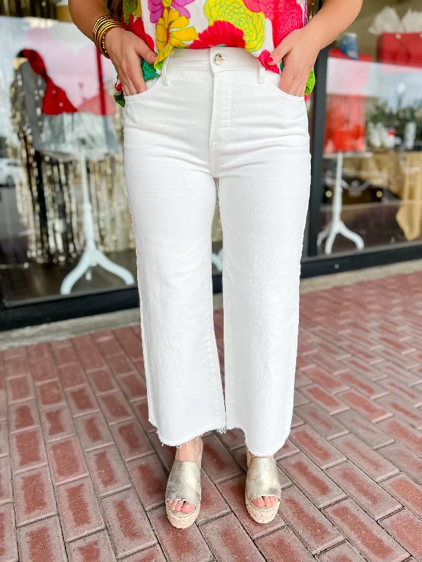 [Risen] High Rise Tummy Control Wide Leg  Pant-White Fashionable Tapered Leg Pants