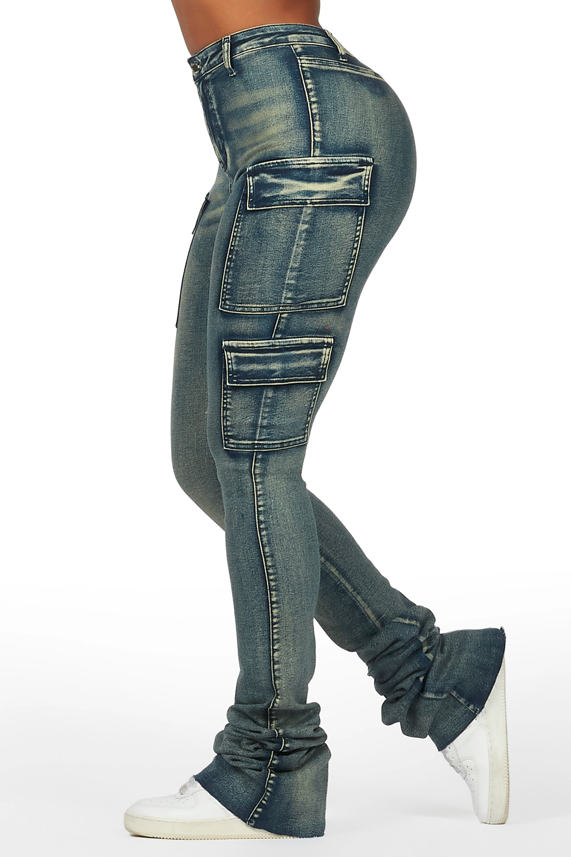 Vixen Tinted Dark Wash Cargo Super Stacked Pant Chic Capri Pants