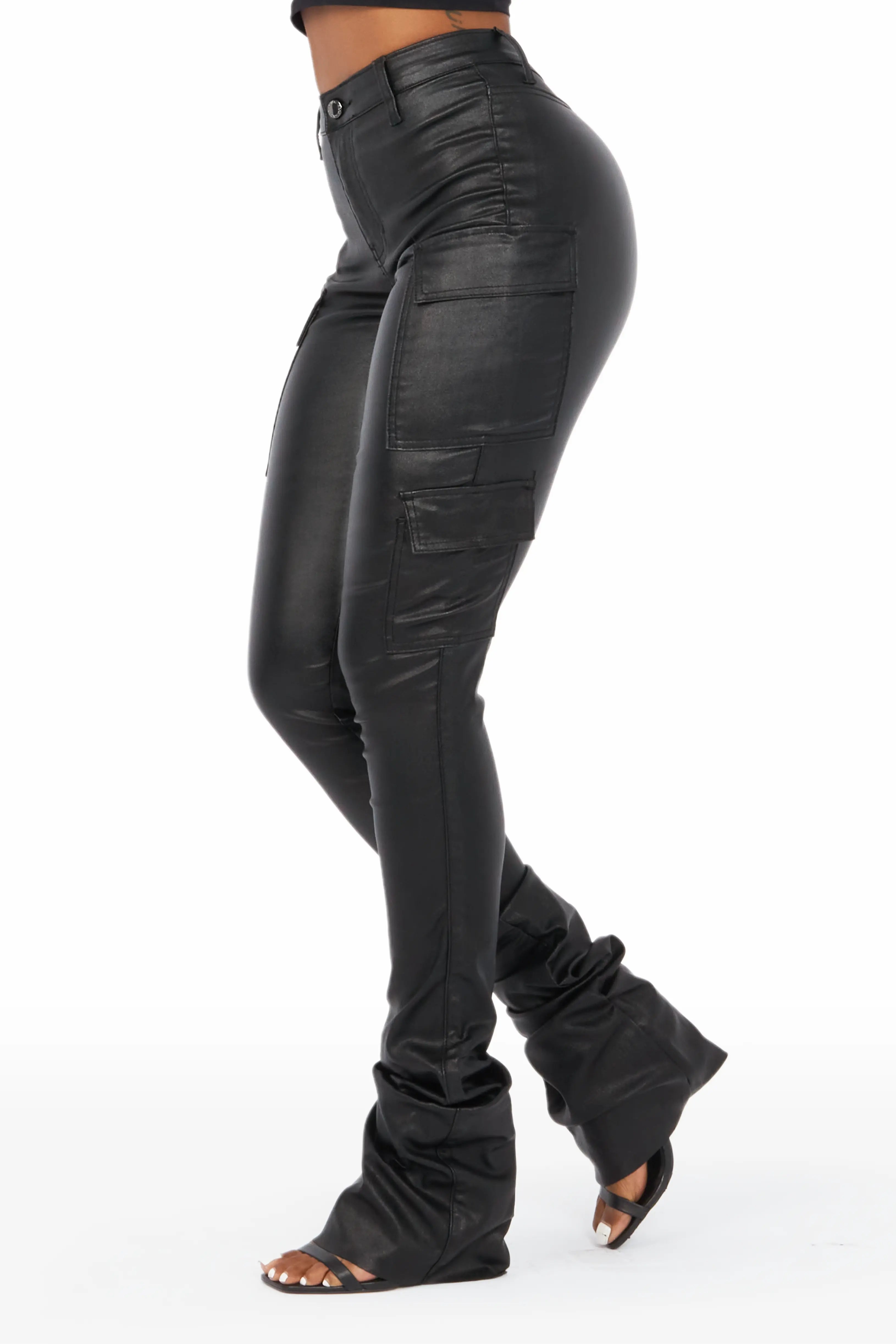 Vixen Metallic Black Cargo Super Stacked Pant Classic Flared Pants