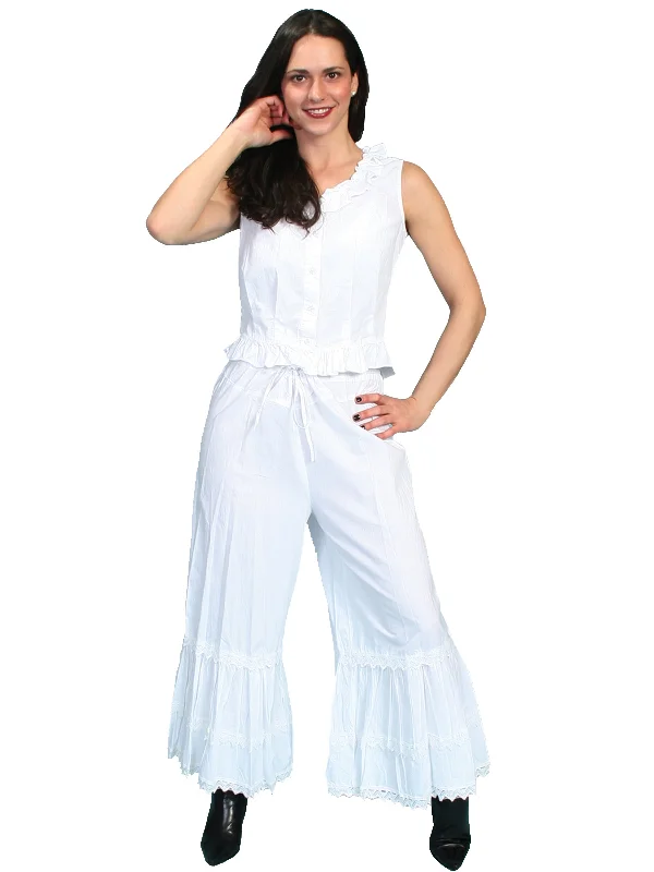 Scully RangeWear Womens White 100% Cotton Ruffle Crochet Lace Pants Bloomers Formal Linen Trousers