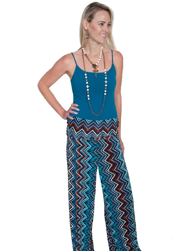 Scully Womens Palazzo Zig Zag Turquoise Poly/Spandex Lounge Pants Elegant High-Waist Pants