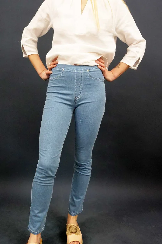 Vassalli Pant Slim Leg Pull on Pants - Ice Denim Stylish Elastic Waist Pants