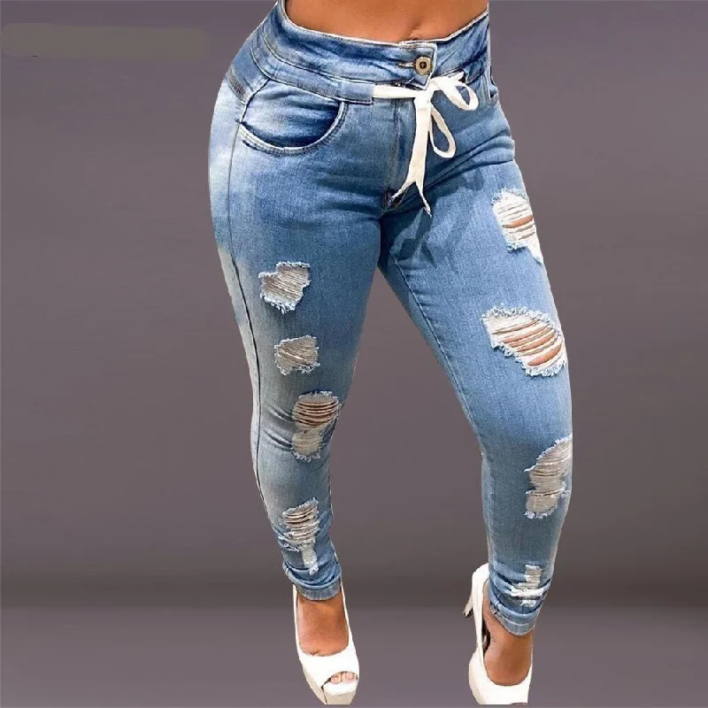 Washed Ripped Denim Pants For Women Elegant Wool Trousers