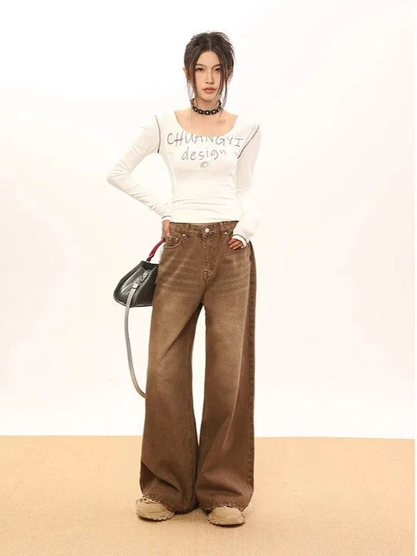 KG Studio Vintage Brown Wide Denim Pants Stylish Paperbag Waist Pants