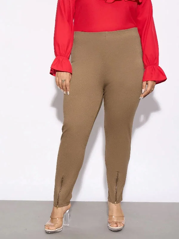 Women Beige Metal Zipper Hem Detail Pants Wide-Legged Palazzos