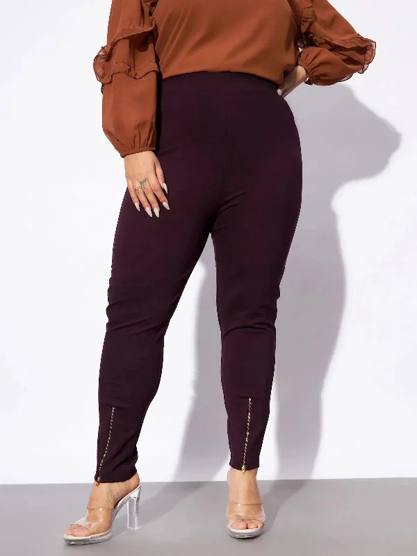 Women Burgundy Metal Zipper Hem Detail Pants Slim-Fit Khaki Pants
