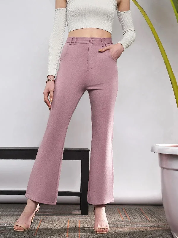 Women Light Pink Knit Bell Bottom Pants Relaxed High-Waist Trousers