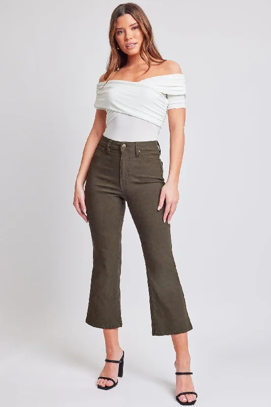Women's Hyperstretch Cropped Kick Flare Leg Pants, Dark Olive Classic Bootcut Trousers