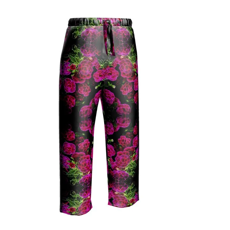 Floral Embosses: Roses 02-01 Ladies Designer Pure Silk Pajama Pants Casual Track Pants