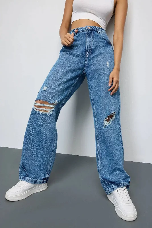 Mid Blue Grunge Style Ripped Jeans Comfortable Jogger Style Jeans