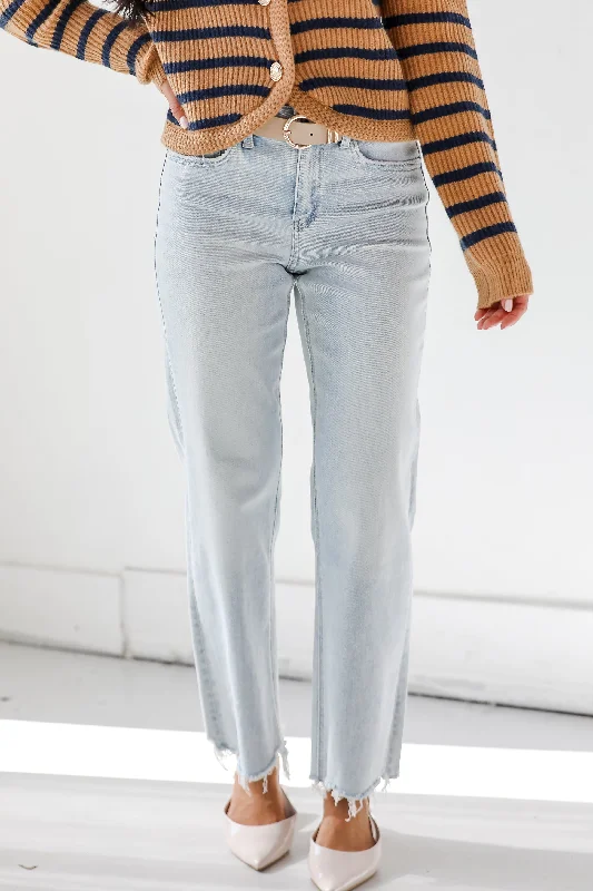 Aileeah Light Wash Slim Wide Leg Jeans Fashionable Raw Hemmed Jeans