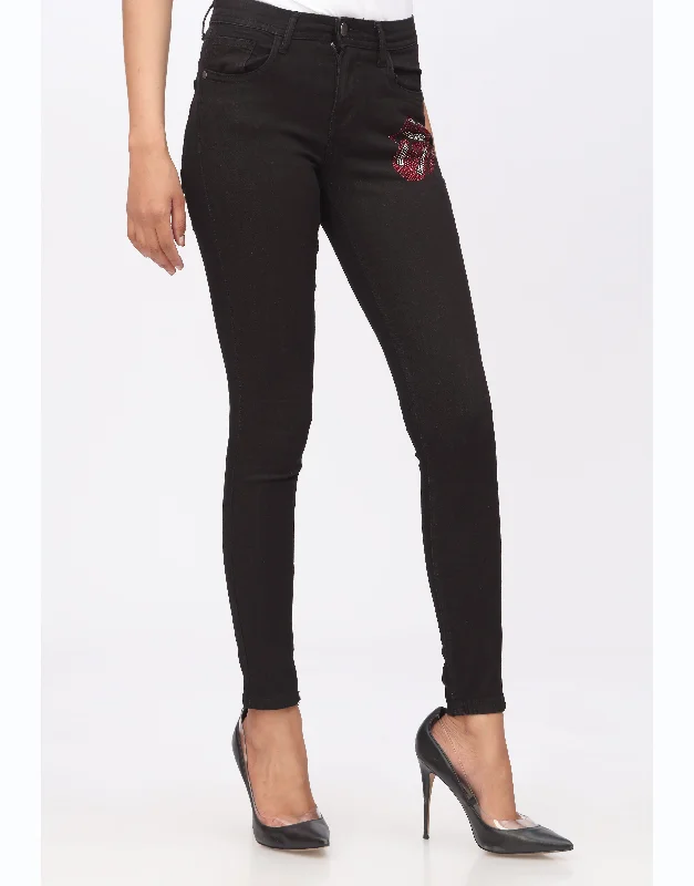 High Rise Skinny Jeans with Sassy Print in Jet Black Comfortable Stretch Fit Jeans