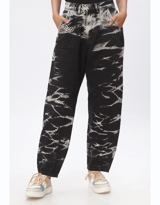 High Rise Tie Died Mom Jeans in Black & Grey Comfortable Flare Leg Jeans