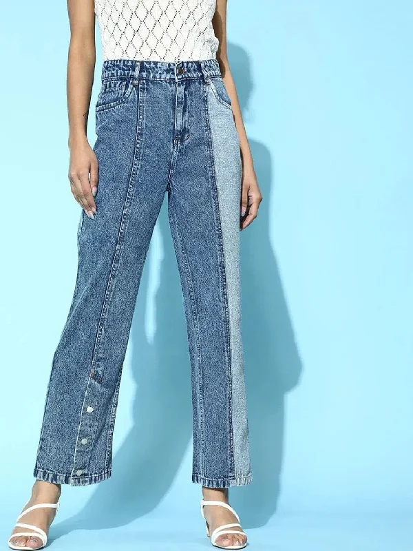 Blue Colour Block Jeans Trendy Cut-Off Denim Shorts