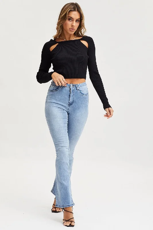 Blue Flare Denim Jeans High Rise Fashionable Jeggings Style Jeans
