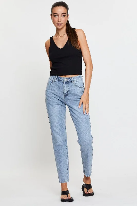 Blue High Rise Mom Jeans Chic Faded Blue Jeans