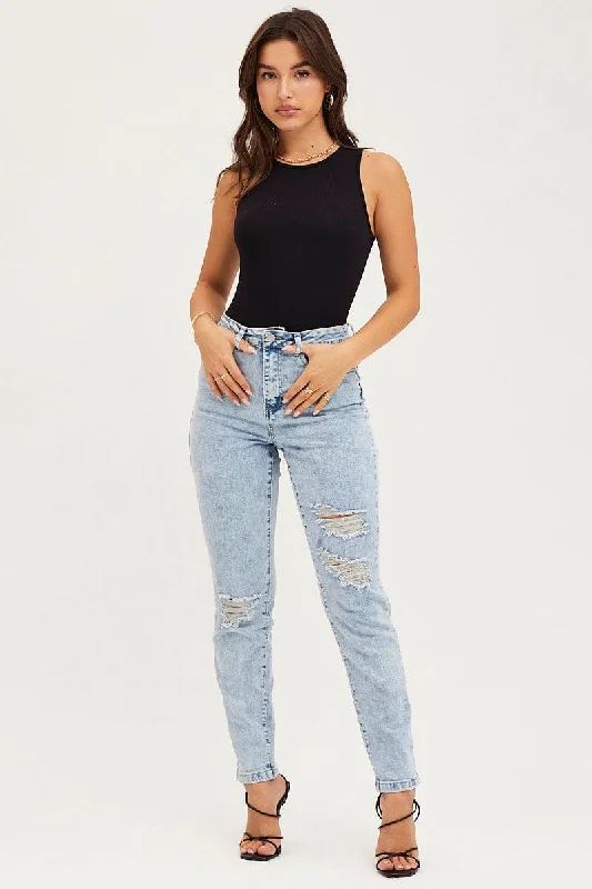 Blue Skinny Denim Jeans High Rise Trendy Skinny High-Waist Jeans