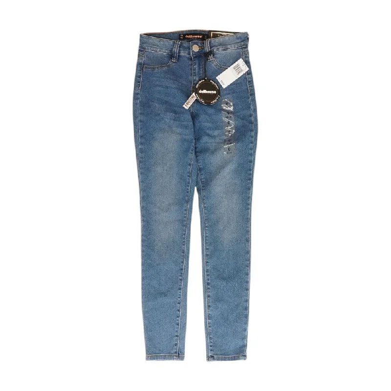 Blue Solid High Rise Skinny Leg Jeans Comfortable Drawstring Waist Jeans