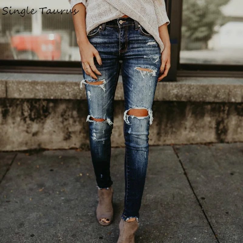 Boyfriend Hole Ripped Jeans Comfortable Flare Leg Jeans