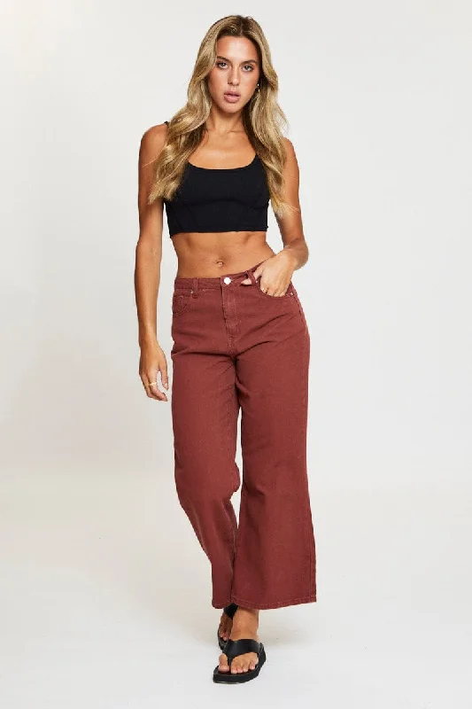 Brown Wide Leg Denim Jeans High Rise Classic Slim Fit Jeans