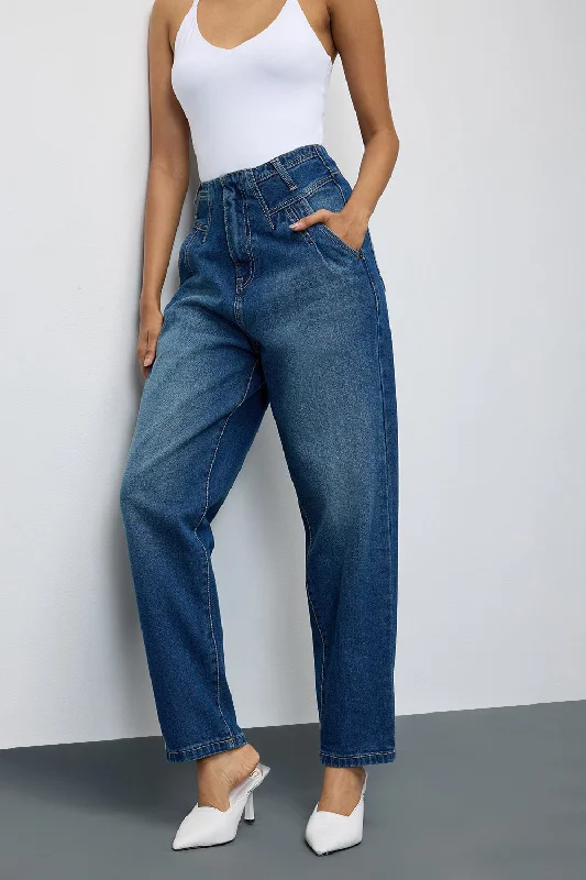 Cobalt Blue Slouchy Jeans Chic Double Waistband Jeans