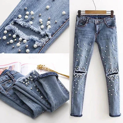 Destroyed Ripped Jeans Comfortable Low-Rise Jeans