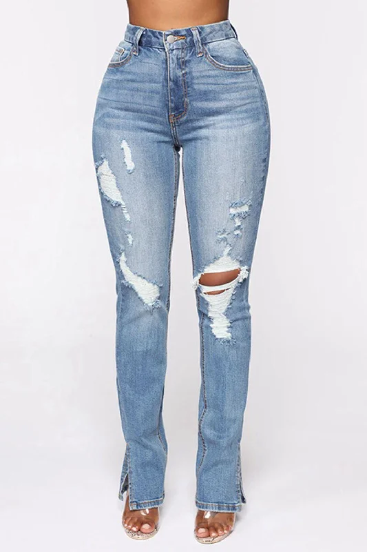 Distressed Slit Jeans Cozy Wide-Legged Jeans