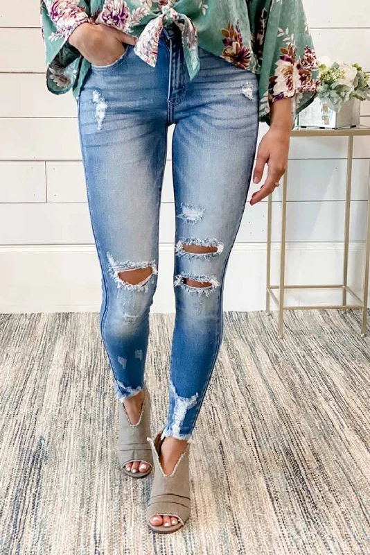 Faded Mid High Rise Jeans with Holes Casual Bootcut Ripped Jeans