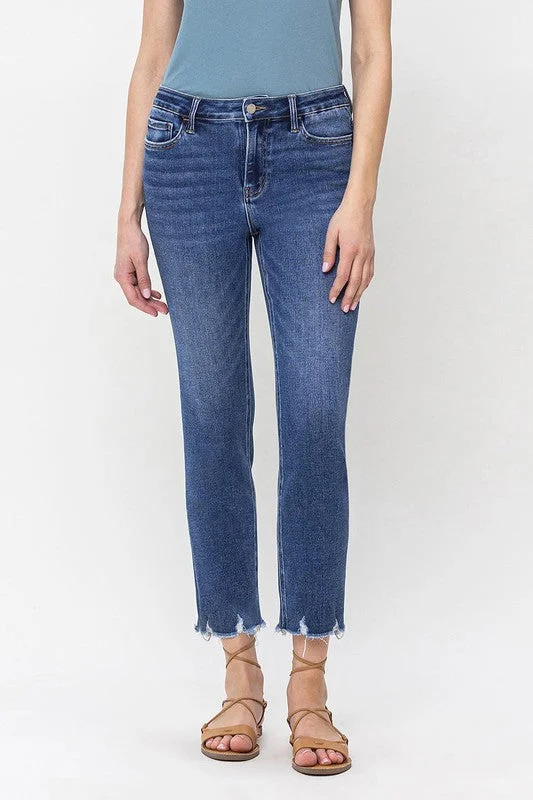 High Rise Crop Slim Straight Jeans Comfortable Zip-Fly Denim Jeans