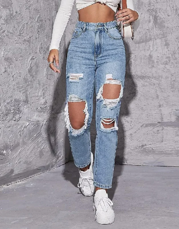 High Rise Ripped Mom Jeans Light Blue Comfortable Faded High-Rise Jeans