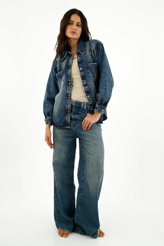 Women's Wide Leg Blue Jeans Stylish Cargo Style Jeans
