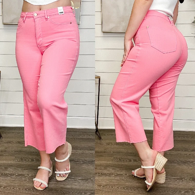 Judy Blue Sky Tummy Control High Rise Wide Leg Cropped Pink Jeans Casual Bootcut Ripped Jeans Judy Blue Sky Tummy Control High Rise Wide Leg Cropped Pink Jeans Casual Bootcut Ripped Jeans