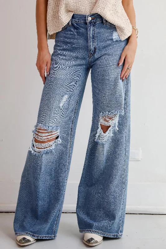 Lennon Medium Wash Distressed Wide Leg Jeans Comfortable Zip-Fly Denim Jeans