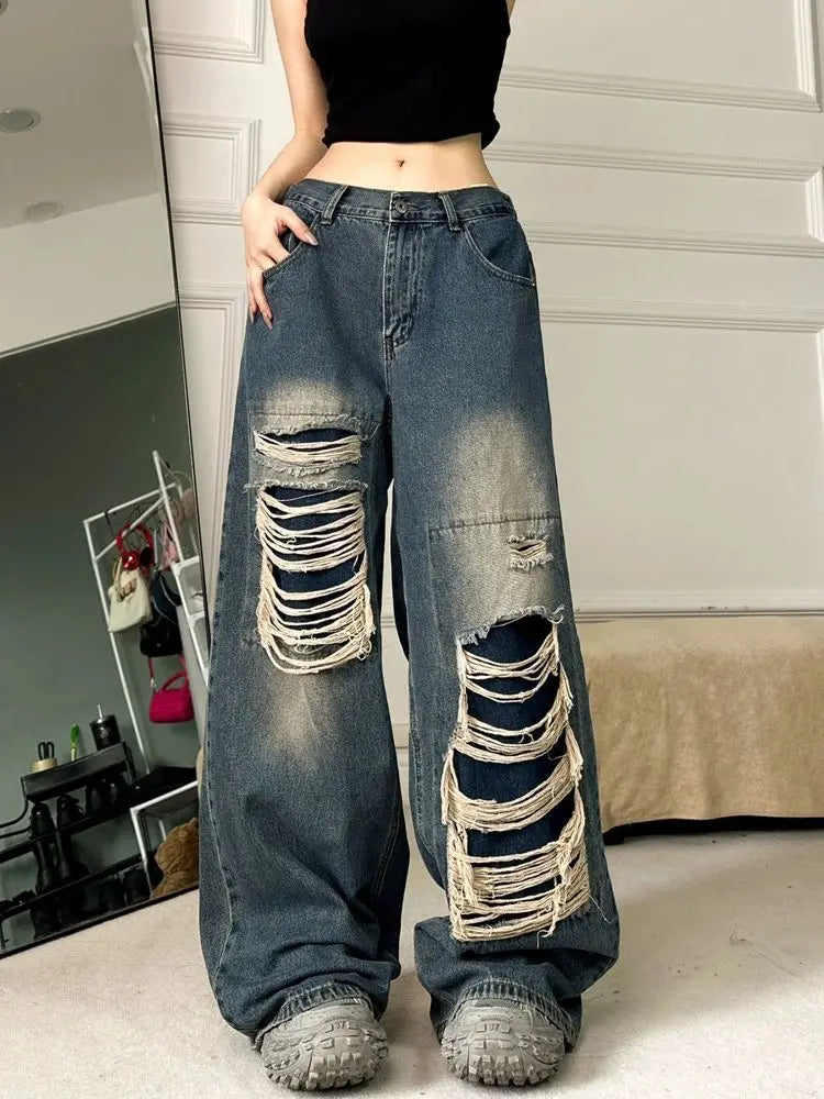 DressBetty - 2024 Loose Casual Trend Streetwear Women's Denim Pants Jeans Casual Bootcut Ripped Jeans DressBetty - 2024 Loose Casual Trend Streetwear Women's Denim Pants Jeans Casual Bootcut Ripped Jeans