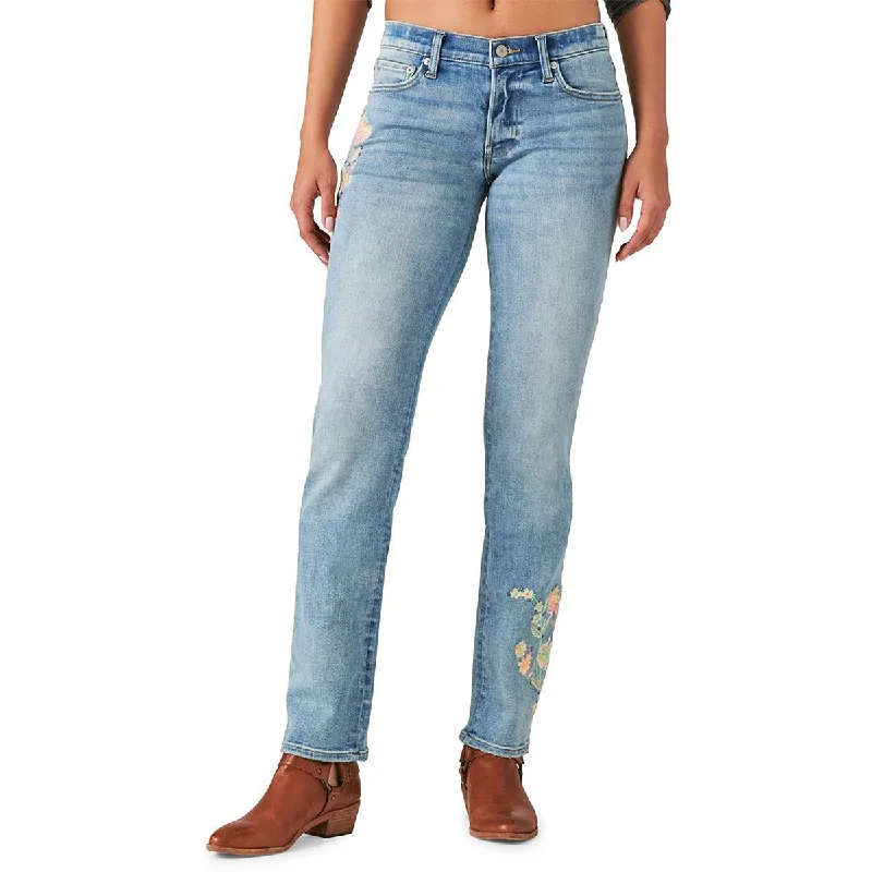 Lucky Legend Womens Floral Embroidered Straight Leg Jeans Fashionable Frayed Hem Denim Lucky Legend Womens Floral Embroidered Straight Leg Jeans Fashionable Frayed Hem Denim