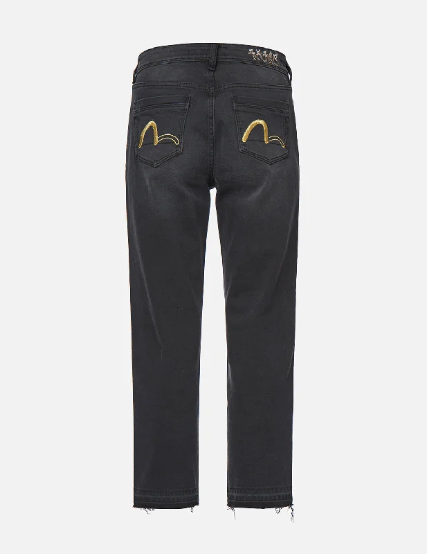 Metal Ring Straight Fit Jeans Fashionable Raw Hemmed Jeans