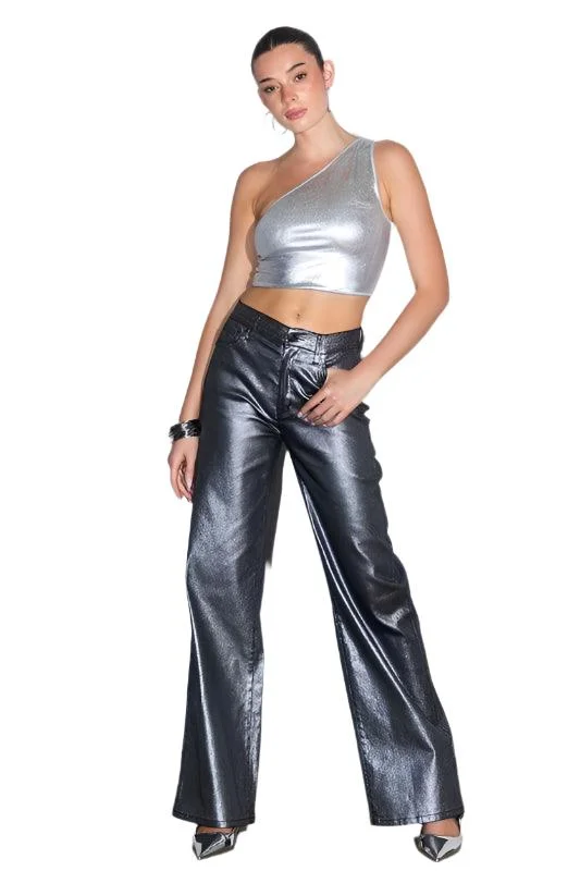 Metallic High Rise Wide Jeans Fashionable Frayed Hem Denim