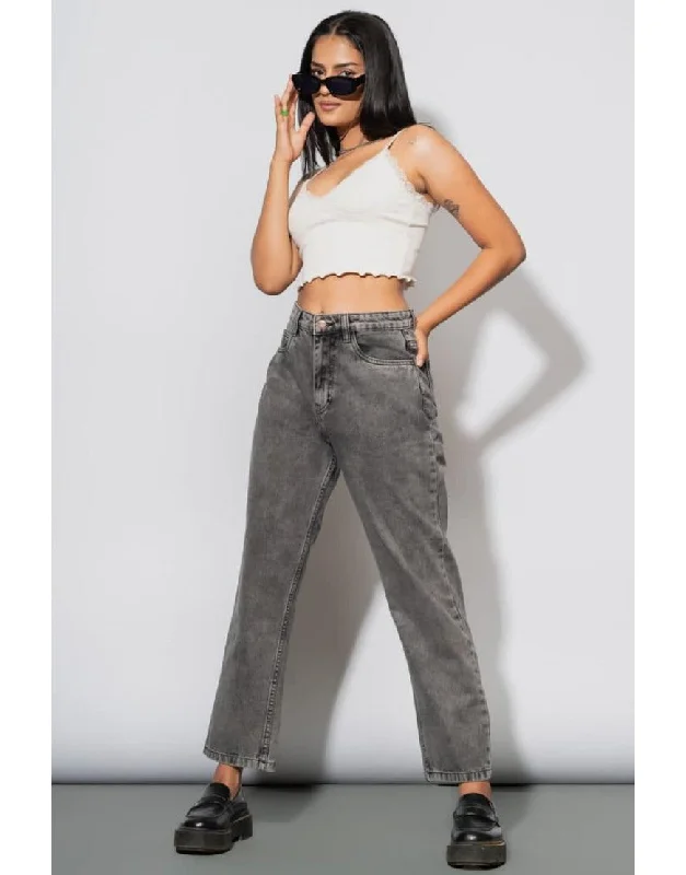 Mid Rise Loose Straight Jeans Dark Grey Wash Cozy Relaxed Fit Denim Jeans