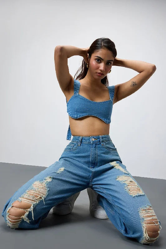 Mid Wash Ripped Jeans Elegant Tapered Leg Denim
