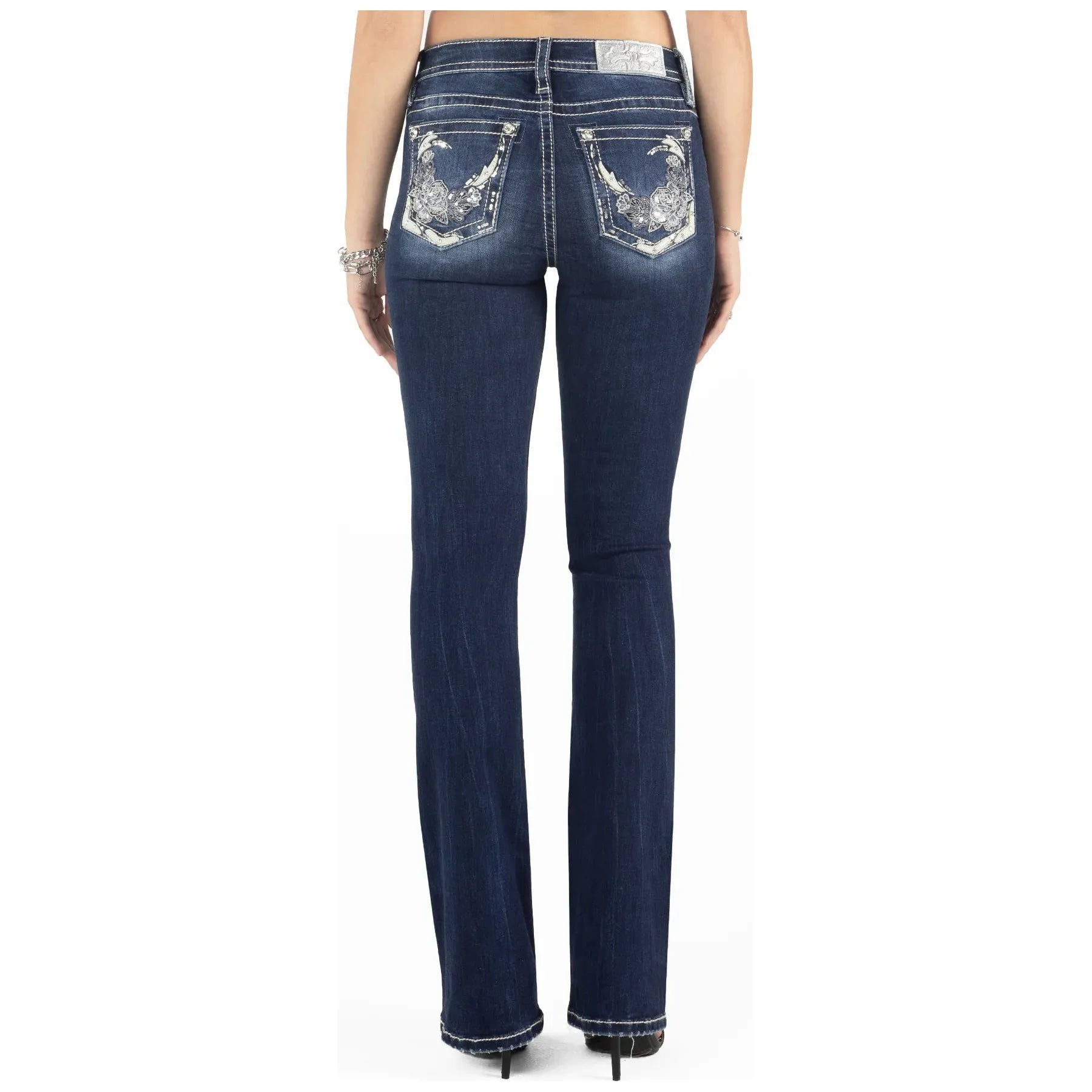 Miss Me Floral White Leather Bootcut Jeans #M9228B Comfortable Stretch Fit Jeans