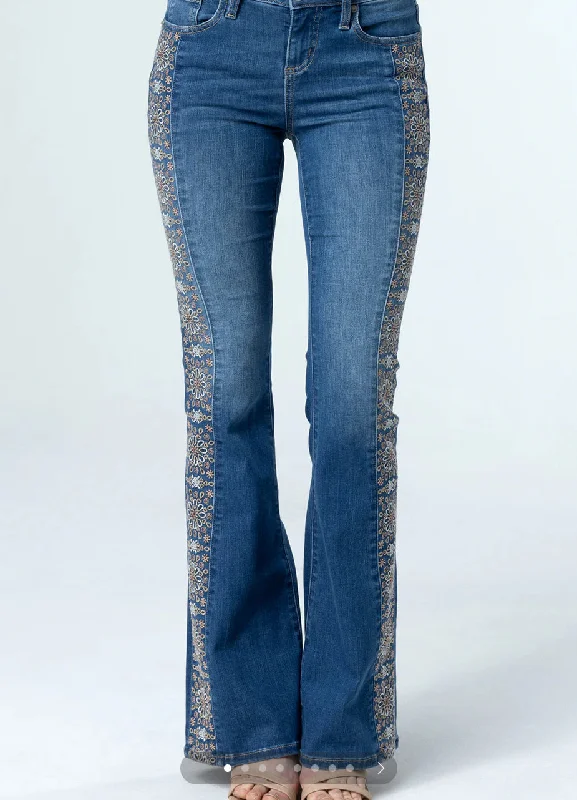 MISS ME - WOMENS 34" MID-RISE FLARE JEANS M2329F Towering Floral Flare Fashionable Cropped Denim Jeans MISS ME - WOMENS 34" MID-RISE FLARE JEANS M2329F Towering Floral Flare Fashionable Cropped Denim Jeans