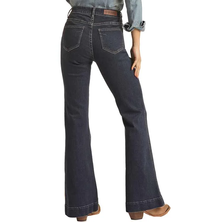 Rock & Roll Denim Women's High Rise Triple Button Trouser Jeans Comfortable Low-Rise Jeans