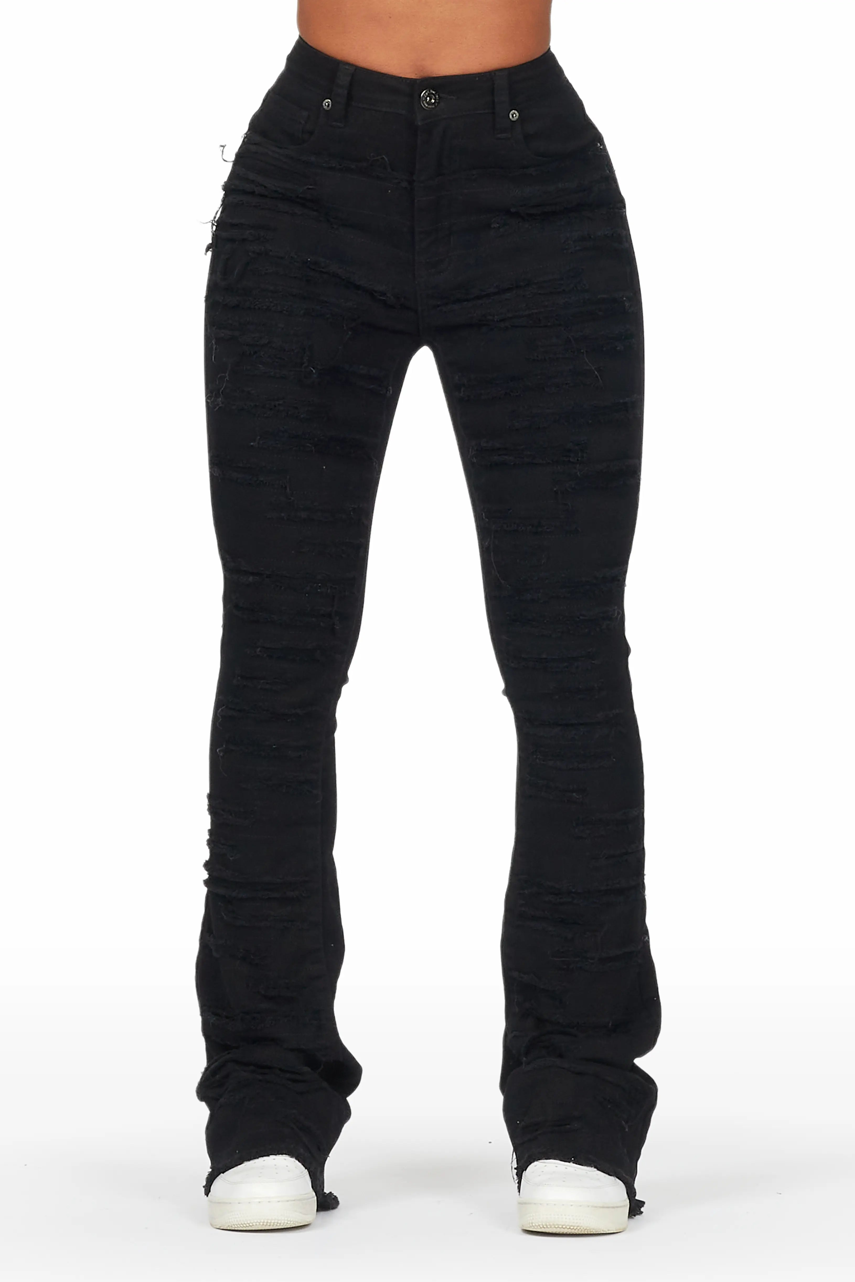 Raeven Black Stacked Flare Jean Fashionable Raw Hemmed Jeans