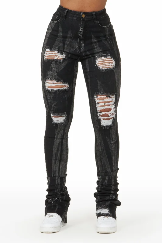 Isha Black Distressed Super Stacked Jean Fashionable Straight Fit Denim