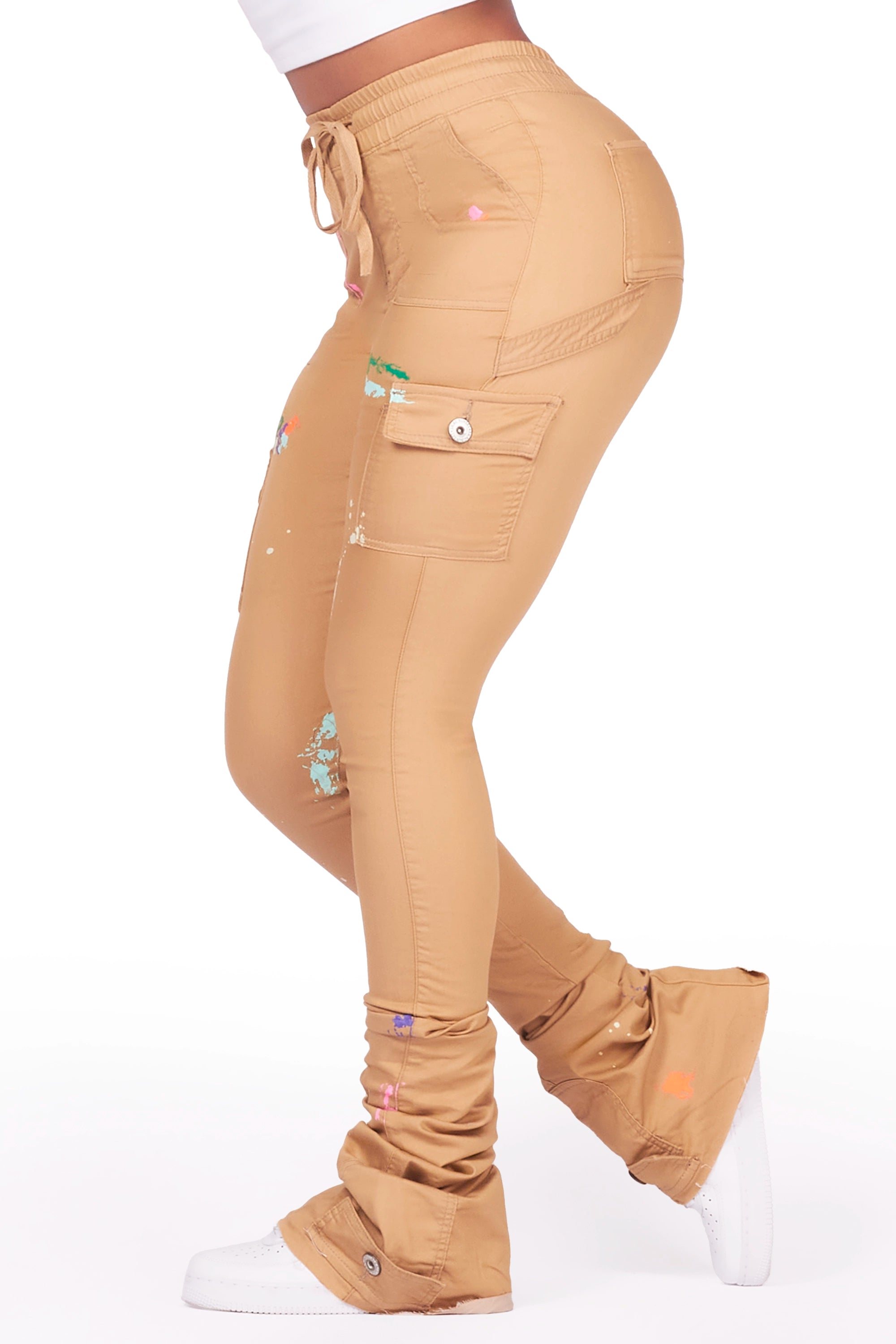 Taniya Dark Tan Cargo Painted Super Stacked Jean Comfortable Drawstring Waist Jeans