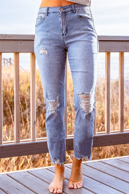Sky Blue Ripped Slim Fit Washed Jeans Stylish Cargo Style Jeans