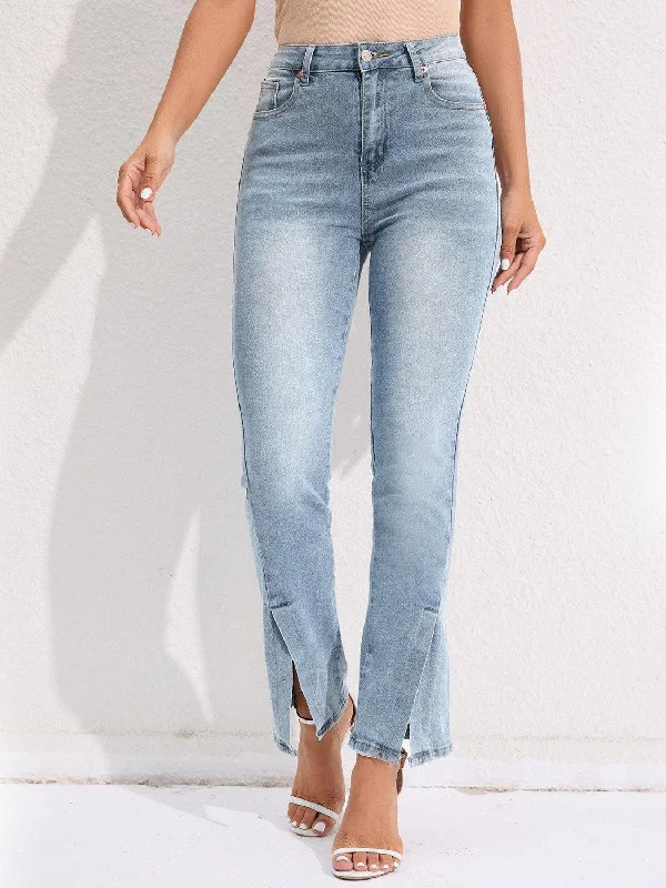 Slit Buttoned Jeans with Pockets Casual Distressed Skinny Jeans