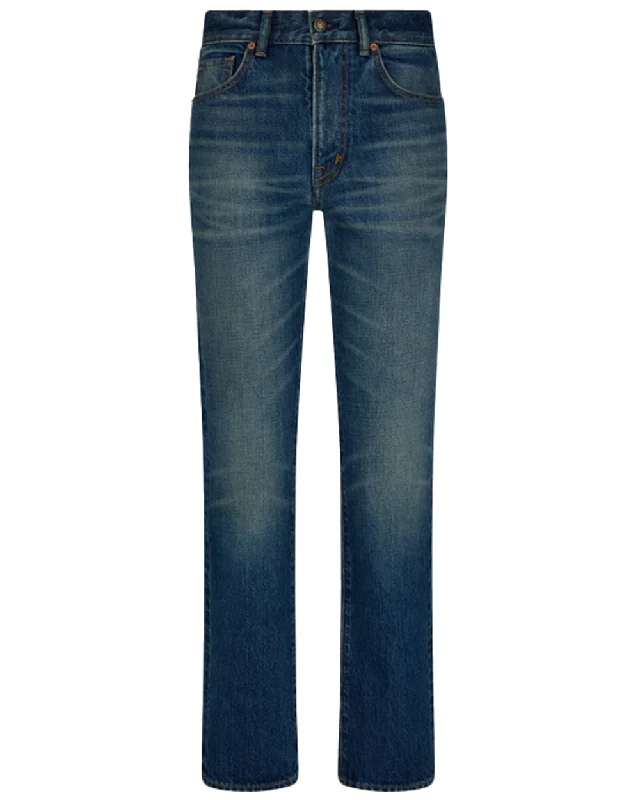 Stone Washed Straight Jean in Mid Blue Comfortable Zip-Fly Denim Jeans