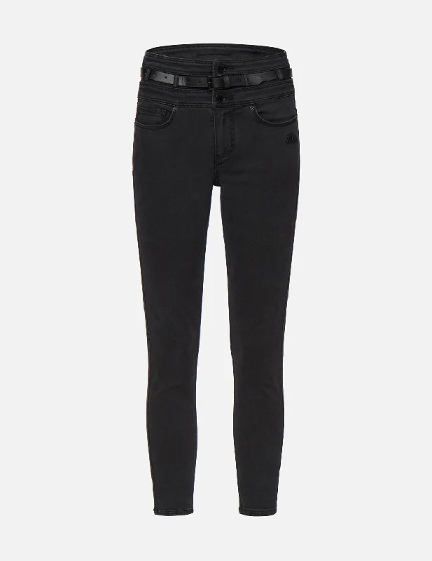 Triple Waistband Skinny Jeans with Leather Belt Fashionable Raw Hem Bootcut Jeans
